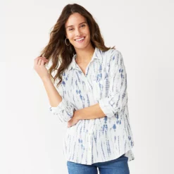 Women's Sonoma Goods For Life® Essential Everyday Button-Down Shirt -Outlet Clothiza Store 4991213 Blue Tie Dye
