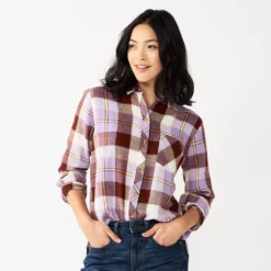 Women's Sonoma Goods For Life® Essential Everyday Button-Down Shirt -Outlet Clothiza Store 4991213 Brown Purple Plaid
