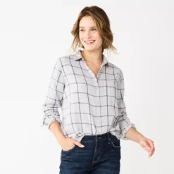 Women's Sonoma Goods For Life® Essential Everyday Button-Down Shirt -Outlet Clothiza Store 4991213 Gray Blue Plaid