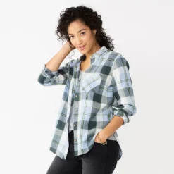 Women's Sonoma Goods For Life® Essential Everyday Button-Down Shirt -Outlet Clothiza Store 4991213 Green Blue Plaid