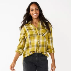 Women's Sonoma Goods For Life® Essential Everyday Button-Down Shirt -Outlet Clothiza Store 4991213 Green Plaid