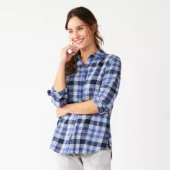 Women's Sonoma Goods For Life® Essential Everyday Button-Down Shirt -Outlet Clothiza Store 4991213 Light Blue Plaid