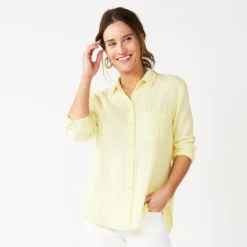 Women's Sonoma Goods For Life® Essential Everyday Button-Down Shirt -Outlet Clothiza Store 4991213 Light Yellow Texture