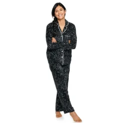 Women's Sonoma Goods For Life® Velour Long Sleeve Pajama Shirt & Pajama Pants Sleep Set -Outlet Clothiza Store 5033010 Black Stars