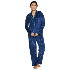 Women's Sonoma Goods For Life® Velour Long Sleeve Pajama Shirt & Pajama Pants Sleep Set -Outlet Clothiza Store 5033010 Navy Dot