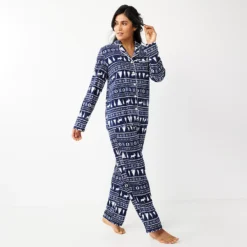 Women's Sonoma Goods For Life® Velour Long Sleeve Pajama Shirt & Pajama Pants Sleep Set -Outlet Clothiza Store 5033010 Navy Fairisle
