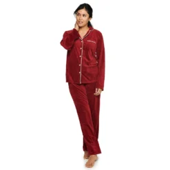 Women's Sonoma Goods For Life® Velour Long Sleeve Pajama Shirt & Pajama Pants Sleep Set -Outlet Clothiza Store 5033010 Red Embossed Heart