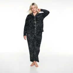 Plus Size Sonoma Goods For Life® Velour Pajama Shirt & Pajama Pants Set -Outlet Clothiza Store 5033014 Black Stars