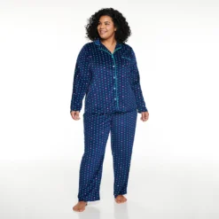 Plus Size Sonoma Goods For Life® Velour Pajama Shirt & Pajama Pants Set -Outlet Clothiza Store 5033014 Navy Dot