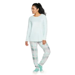 Women's Sonoma Goods For Life® 3-pc. Long Sleeve Pajama Top, Pajama Pants & Socks Set -Outlet Clothiza Store 5034508 Aqua Buffalo Check
