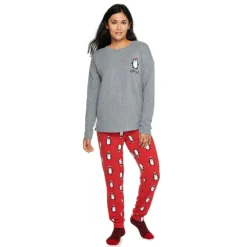 Women's Sonoma Goods For Life® 3-pc. Long Sleeve Pajama Top, Pajama Pants & Socks Set -Outlet Clothiza Store 5034508 Red Penguin
