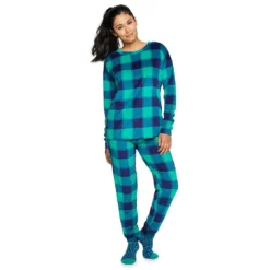 Women's Sonoma Goods For Life® 3-pc. Long Sleeve Pajama Top, Pajama Pants & Socks Set -Outlet Clothiza Store 5034508 Teal Buffalo Check