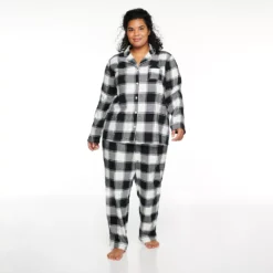 Plus Size Sonoma Goods For Life® Flannel Pajama Shirt & Pajama Pants Set -Outlet Clothiza Store 5146738 Black White Buffalo