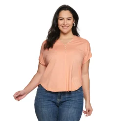 Plus Size Sonoma Goods For Life® Dolman Short Sleeve Button Front Top -Outlet Clothiza Store 5204508 Carolina Peach