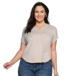 Plus Size Sonoma Goods For Life® Dolman Short Sleeve Button Front Top -Outlet Clothiza Store 5204508 Fieldstone