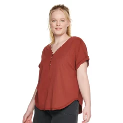 Plus Size Sonoma Goods For Life® Dolman Short Sleeve Button Front Top -Outlet Clothiza Store 5204508 Marsala Flower