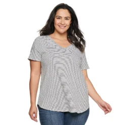 Plus Size Sonoma Goods For Life® V-Neck Tunic Tee -Outlet Clothiza Store 5209140 Black White Stripe