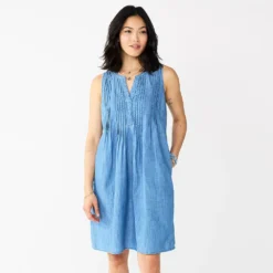 Women's Sonoma Goods For Life® Pintuck Linen-Blend Dress -Outlet Clothiza Store 5215954 Chambray