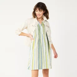 Women's Sonoma Goods For Life® Pintuck Linen-Blend Dress -Outlet Clothiza Store 5215954 Multi Green Stripe