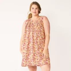 Plus Size Sonoma Goods For Life® Pintuck Linen-Blend Dress -Outlet Clothiza Store 5223428 Peach Floral