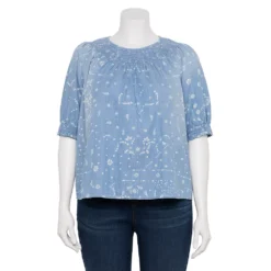 Plus Size Sonoma Goods For Life® Elbow Smocked Neck Top -Outlet Clothiza Store 5232730 Blue Geo Floral