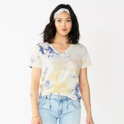 Petite Sonoma Goods For Life® Everyday Short Sleeve V-Neck Tee -Outlet Clothiza Store 5234230 Blue Peach Tie Dye
