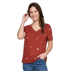 Petite Sonoma Goods For Life® Everyday Short Sleeve V-Neck Tee -Outlet Clothiza Store 5234230 Burgandy Rust Floral