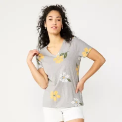 Petite Sonoma Goods For Life® Everyday Short Sleeve V-Neck Tee -Outlet Clothiza Store 5234230 Large Gray Floral