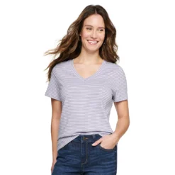 Petite Sonoma Goods For Life® Everyday Short Sleeve V-Neck Tee -Outlet Clothiza Store 5234230 Light Purple Stripe