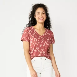 Petite Sonoma Goods For Life® Everyday Short Sleeve V-Neck Tee -Outlet Clothiza Store 5234230 Mauve Ikat Dye