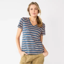 Petite Sonoma Goods For Life® Everyday Short Sleeve V-Neck Tee -Outlet Clothiza Store 5234230 Navy Multi Stripe