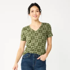 Petite Sonoma Goods For Life® Everyday Short Sleeve V-Neck Tee -Outlet Clothiza Store 5234230 Olive Check Floral