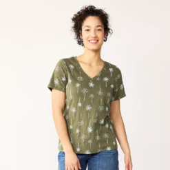 Petite Sonoma Goods For Life® Everyday Short Sleeve V-Neck Tee -Outlet Clothiza Store 5234230 Olive Teal Palm Trees