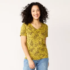 Petite Sonoma Goods For Life® Everyday Short Sleeve V-Neck Tee -Outlet Clothiza Store 5234230 Ornate Olive Floral