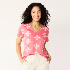Petite Sonoma Goods For Life® Everyday Short Sleeve V-Neck Tee -Outlet Clothiza Store 5234230 Pink Geo Flower