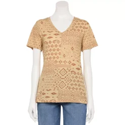 Petite Sonoma Goods For Life® Everyday Short Sleeve V-Neck Tee -Outlet Clothiza Store 5234230 Tan Patchwork