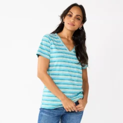 Petite Sonoma Goods For Life® Everyday Short Sleeve V-Neck Tee -Outlet Clothiza Store 5234230 Teal Multi Stripe