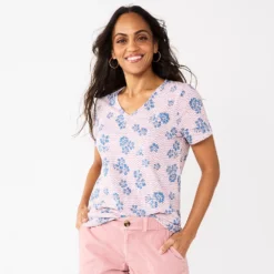 Petite Sonoma Goods For Life® Everyday Short Sleeve V-Neck Tee -Outlet Clothiza Store 5234230 Wavy Pink Floral
