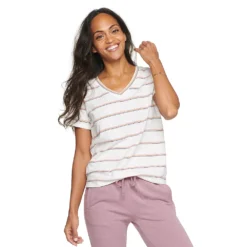 Petite Sonoma Goods For Life® Everyday Short Sleeve V-Neck Tee -Outlet Clothiza Store 5234230 White Stripe