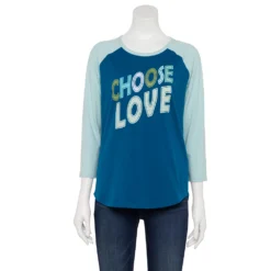 Women's Sonoma Goods For Life® Three Quarter Sleeve Baseball Graphic Tee -Outlet Clothiza Store 5242169 Teal Choose Love