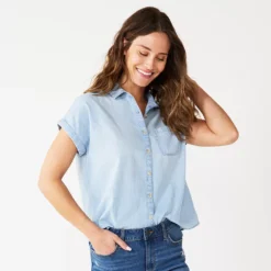 Petite Sonoma Goods For Life® Short Sleeve Button Down Shirt -Outlet Clothiza Store 5243772 Light Wash Chambray