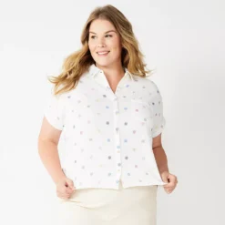 Plus Size Sonoma Goods For Life® Short Sleeve Button Down Top -Outlet Clothiza Store 5258112 Cream Sun Print