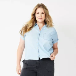 Plus Size Sonoma Goods For Life® Short Sleeve Button Down Top -Outlet Clothiza Store 5258112 Light Wash Chambray