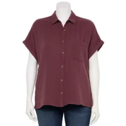 Plus Size Sonoma Goods For Life® Short Sleeve Button Down Top -Outlet Clothiza Store 5258112 Plum Prune