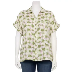 Plus Size Sonoma Goods For Life® Short Sleeve Button Down Top -Outlet Clothiza Store 5258112 Sage Triangle Dye