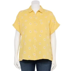 Plus Size Sonoma Goods For Life® Short Sleeve Button Down Top -Outlet Clothiza Store 5258112 Yellow Textured Daisy