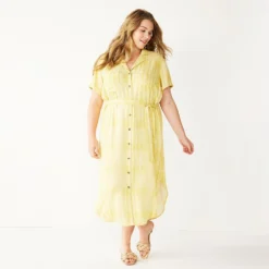 Plus Size Sonoma Goods For Life® Button Front Midi Shirt Dress -Outlet Clothiza Store 5317244 Citron Dots