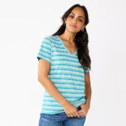 Women's Sonoma Goods For Life® Everyday V-Neck Tee -Outlet Clothiza Store 5485729 Teal Multi Stripe