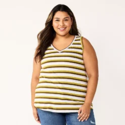 Plus Size Sonoma Goods For Life® V-Neck Swing Tank -Outlet Clothiza Store 5497118 Green Stripe