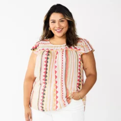 Plus Size Sonoma Goods For Life® Short Sleeve Yoke Front Top -Outlet Clothiza Store 5511621 Peach Triangle Stripe